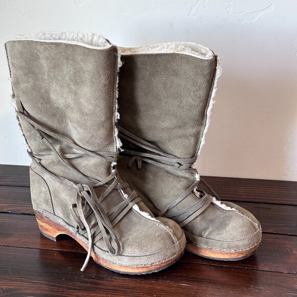 Leather Suede Sherpa Lined Clog Boots Made in Poland - Picture 2 of 5